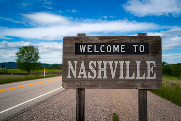 Elegant wooden "Welcome to Nashville" sign, ideal for US city entrance road signs, travel signage, urban landmarks, and city-themed promotional projects.
