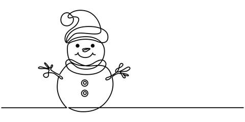 A cute smiley snowman drawn in continuous line art with a white background, Cute snowman on white background. Vector illustration, continuous one line drawing, Christmas illustration of snowman.