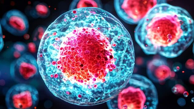 Close-up view of colorful cells with a focus on their structure and details.