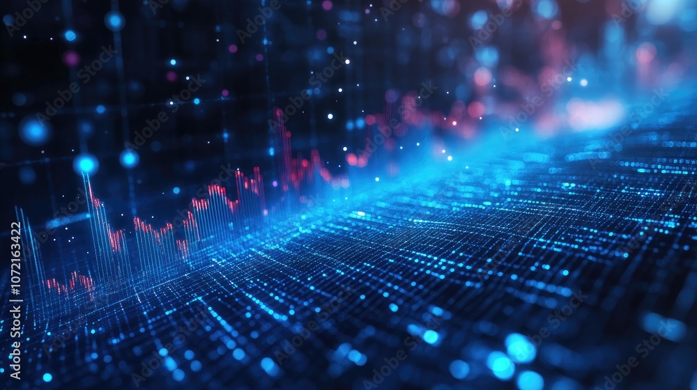 Poster abstract digital data visualization with glowing lines and a graph showing a market trend.