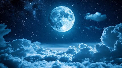 A large blue moon is shining brightly in the night sky