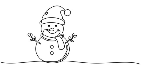 A cute smiley snowman drawn in continuous line art with a white background, Cute snowman on white background. Vector illustration, continuous one line drawing, Christmas illustration of snowman.
