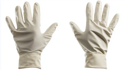 Obraz premium Two white gloves are shown, one on the left and one on the right. The gloves are worn by a person, and they appear to be in a medical setting