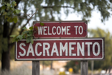 Elegant wooden "Welcome to Sacramento" sign, ideal for US city entrance road signs, travel signage, urban landmarks, and city-themed promotional projects.