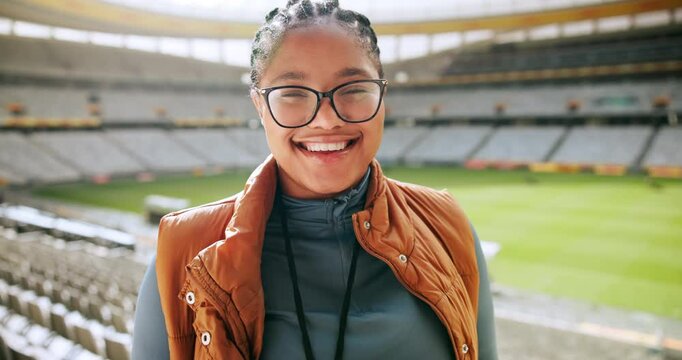 Stadium, happy and face of woman with tablet for event planning, sports coordinator and game schedule. Project manager, arena and portrait of person on digital tech for research, website and internet
