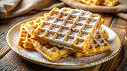 A plate of golden, crispy waffles dusted with powdered sugar, capturing the essence of a sweet and simple breakfast delight.