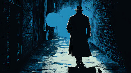 Silhouetted detective in trench coat walking down dark alley, film noir, mystery novel cover. Noir. Illustration