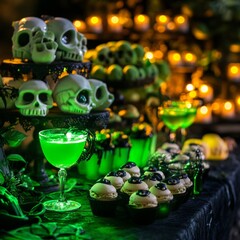 Halloween Party Dessert Table with Green Drink and Skull Decorations.