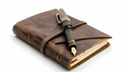A leather journal with an elegant fountain pen, isolated on a white background