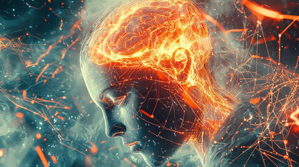 Hyper-Realistic Illustration of Human Head with Glowing Neural Connections | Digital Art Representing Artificial Intelligence