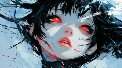 Dramatic Anime Portrait of Girl with Red Eyes and Windswept Hair