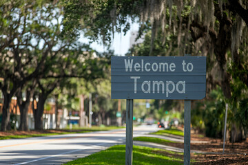 Beautiful wooden "Welcome to Tampa" sign, ideal for US city entrance road signs, travel signage, urban landmarks, and city-themed promotional projects.