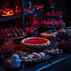 Spooky Halloween Dessert Table with Red Velvet Cupcakes and Cherry Pies.