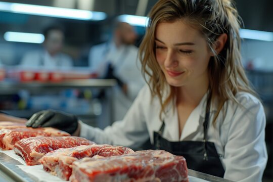 A young chef carefully examines a selection of fresh meat cuts while working in a busy kitchen. The warm lighting and energetic atmosphere suggest evening meal preparations