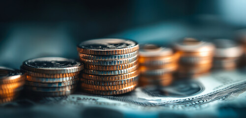 Stacks of Coins on USD Banknote Representing Finance, Investment, and Global Economy