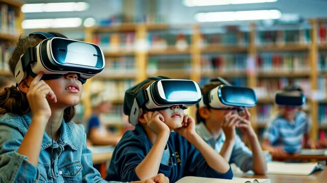 Children using virtual reality headsets in a classroom, exploring immersive educational technology for interactive learning experiences. 4K video