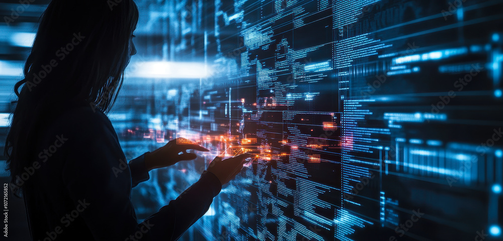 Poster software engineer analyzing big data with ai technology in digital environment