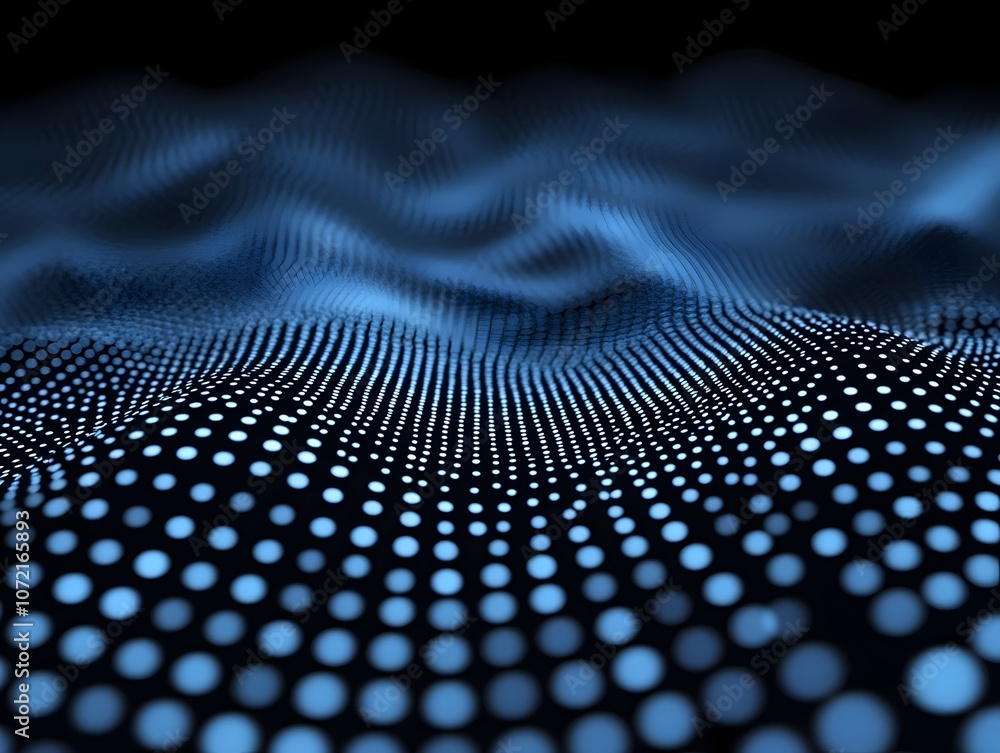 Poster an abstract digital landscape featuring a mesmerizing arrangement of glowing blue dots, creating a s