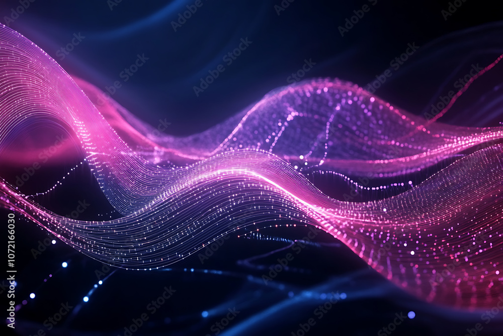 Poster big data visualization concept with bright glowing lines on abstract technology background. 3d rende