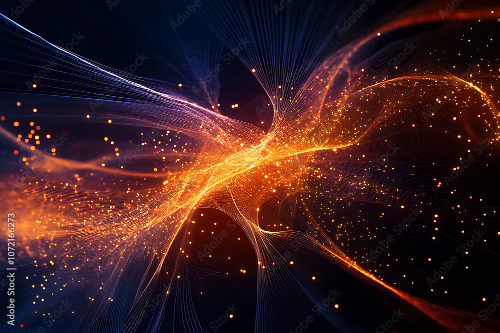 Poster big data visualization concept with bright glowing lines on abstract technology background. 3d rende