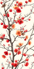 A beautifully crafted floral design featuring vibrant red and orange blossoms on delicate branches, set against a soft cream background, evoking a serene and cheerful atmosphere.