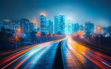 Fototapeta premium Light trails on a highway at night with a modern city in the background