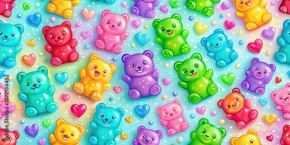 Poster a whimsical pattern of colorful gummy bears with heart-shaped candies and pearls on a pastel blue ba