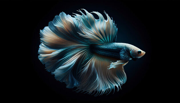 Schimmernder Kampffisch auf schwarzem Hintergrund, copy space, blau, wei&szlig;