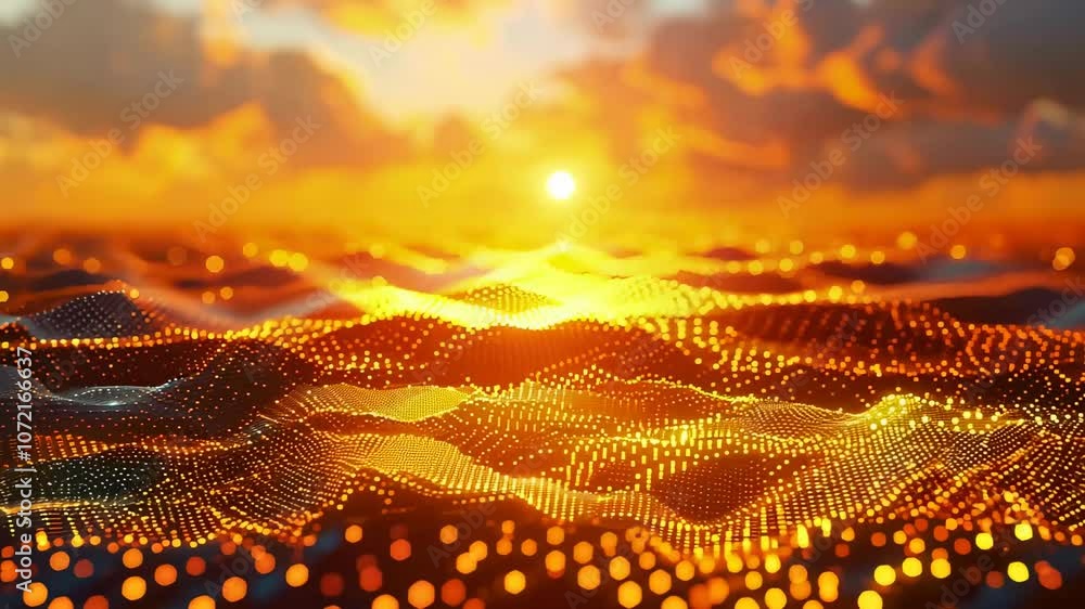 Poster mesmerizing sunset with abstract glowing hexagonal patterns over ocean waves