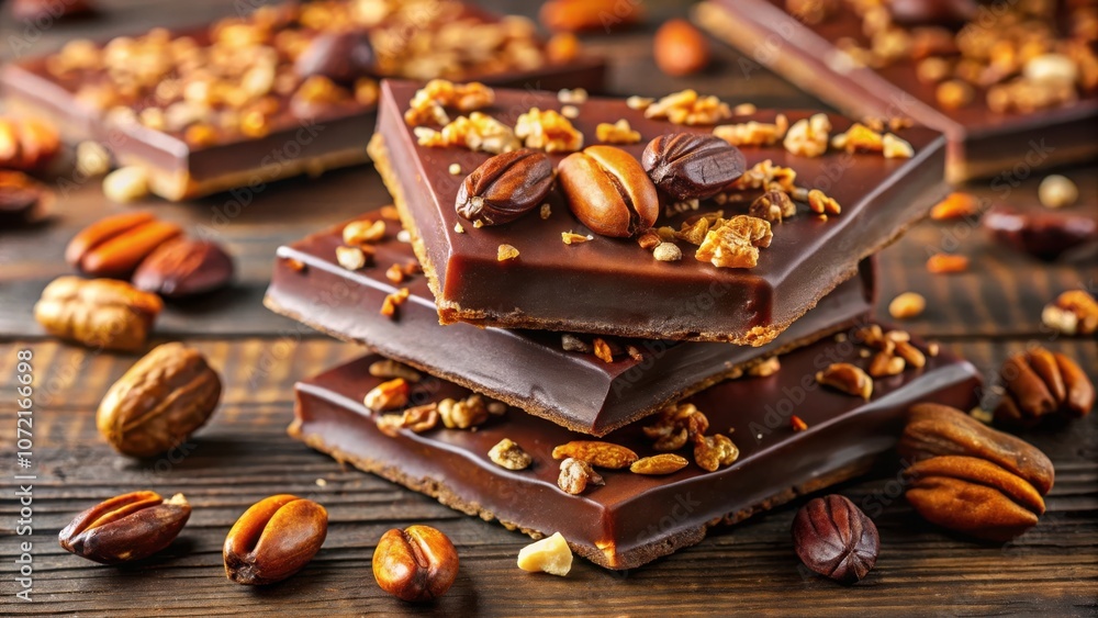 Poster a stack of decadent chocolate squares, adorned with crunchy nuts and a hint of caramel, rests on a r