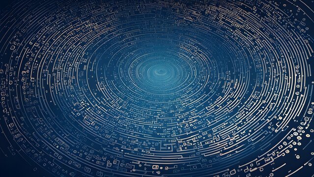 Abstract digital spiral pattern with binary code elements.