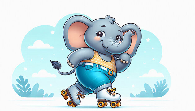 Ein lustiger, kleiner elefant auf Rollschuhen, Comic-style, wei&szlig;er Hintergrund, copy space