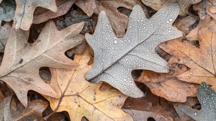 A close-up of wet autumn leaves showcasing their textures and colors.
