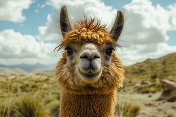 Fototapeta premium A portrait of a llama with thick, curly brown fur standing in a natural mountainous landscape. 