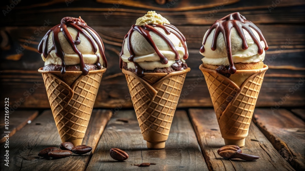 Poster three waffle cones filled with vanilla ice cream topped with chocolate drizzle and coffee beans