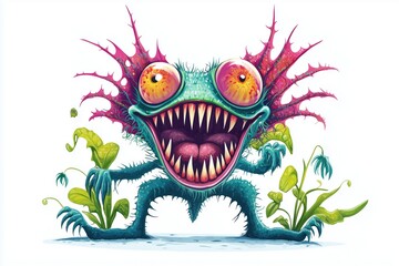 Fototapeta premium Colorful monster with large eyes and sharp teeth, surrounded by plants