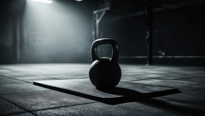 A kettlebell rests on a mat in a darkened gym, illuminated by a single spotlight