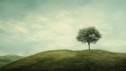 Lone tree on grassy hill under cloudy sky; minimalist landscape