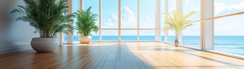 Obraz premium Cruise ship s open deck, polished wood floors, beautiful ocean backdrop, bright day, luxurious relaxation space