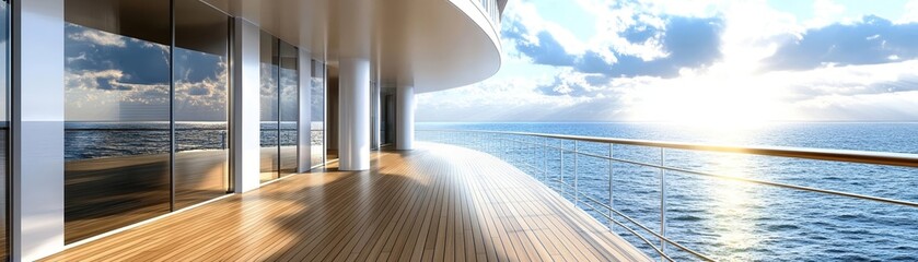 Cruise ship s open deck, polished wood floors, beautiful ocean backdrop, bright day, luxurious relaxation space