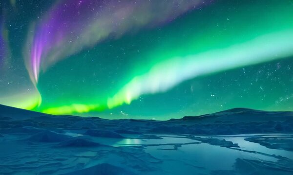 Vibrant aurora borealis lighting up a glowing ice-blue alien landscape