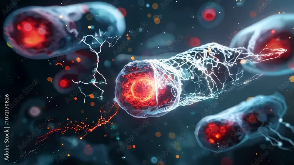 Poster microscopic view of bacteria with glowing elements in a scientific background