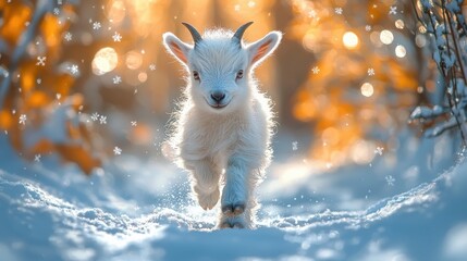 Pygmy goat kid joyfully bounds through snowflakes with fuzzy white fur in a winter wonderland
