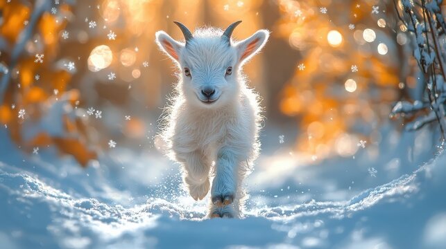 Pygmy goat kid joyfully bounds through snowflakes with fuzzy white fur in a winter wonderland - Powered by Adobe