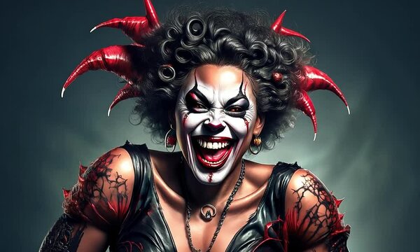 erratic and terrifying joker laughing with smoke and dark background