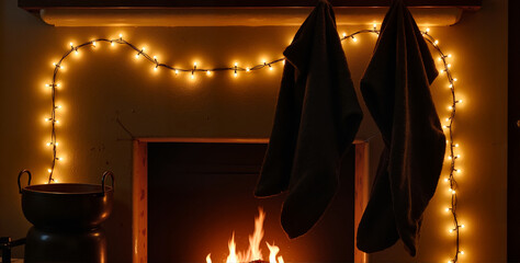 Fireplace with hanging stockings and string lights