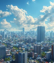 Obraz premium Panoramic View of a Cityscape under a Blue Sky with Fluffy Clouds