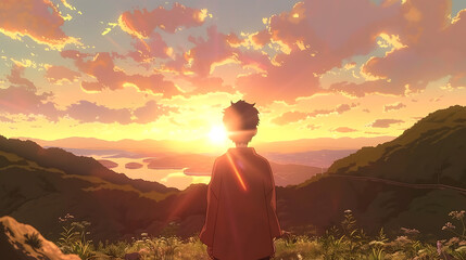 Obraz premium Serene Landscape with Young Person Watching Beautiful Sunrise Over Calm Water and Rolling Green Hills in Enchanting Sky Filled with Colorful Clouds