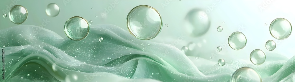 Poster a close-up of translucent water bubbles floating over soft green silk, creating a serene and tranqui