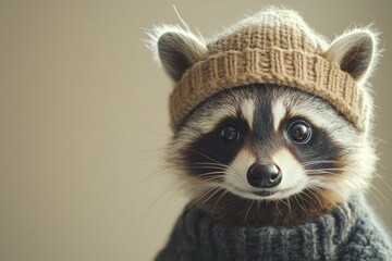 Obraz premium A cute raccoon dressed in a cozy, knitted beanie and sweater, creating an adorable and humorous portrait with copy space.